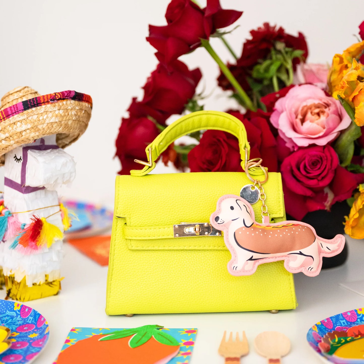 Hot Dog Dachshund Bag Charm Fun Quirky PU Accessory with Zipper Pocket