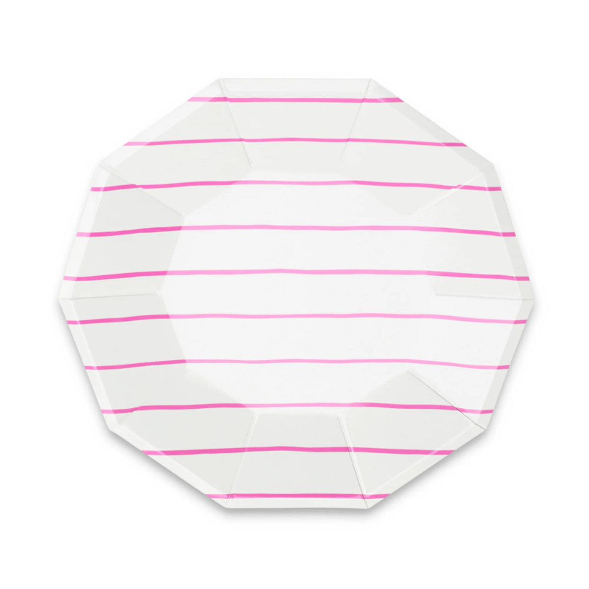 Cerise Frenchie striped large paper dinner plates with foil-pressed details