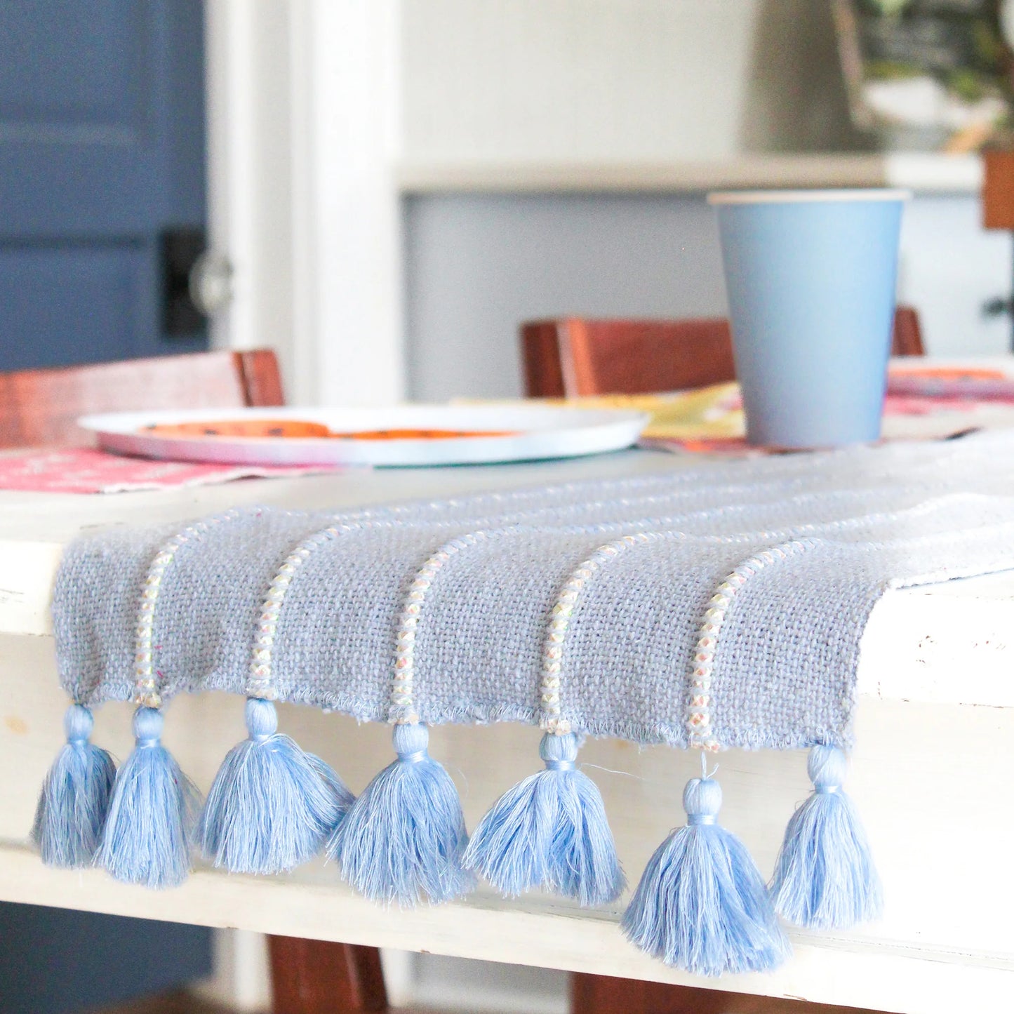 Blue Tassel Table Runner Cotton Lurex Bohemian 6 Foot